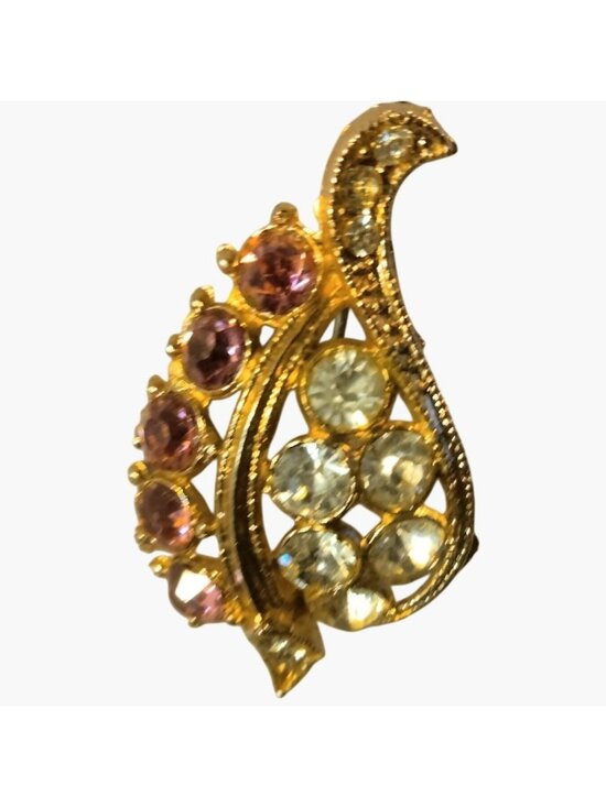 Vintage Jewelry - Rhinestone Pin Leaf Brooch Pink ClearCrystal Vintage Gold Tone